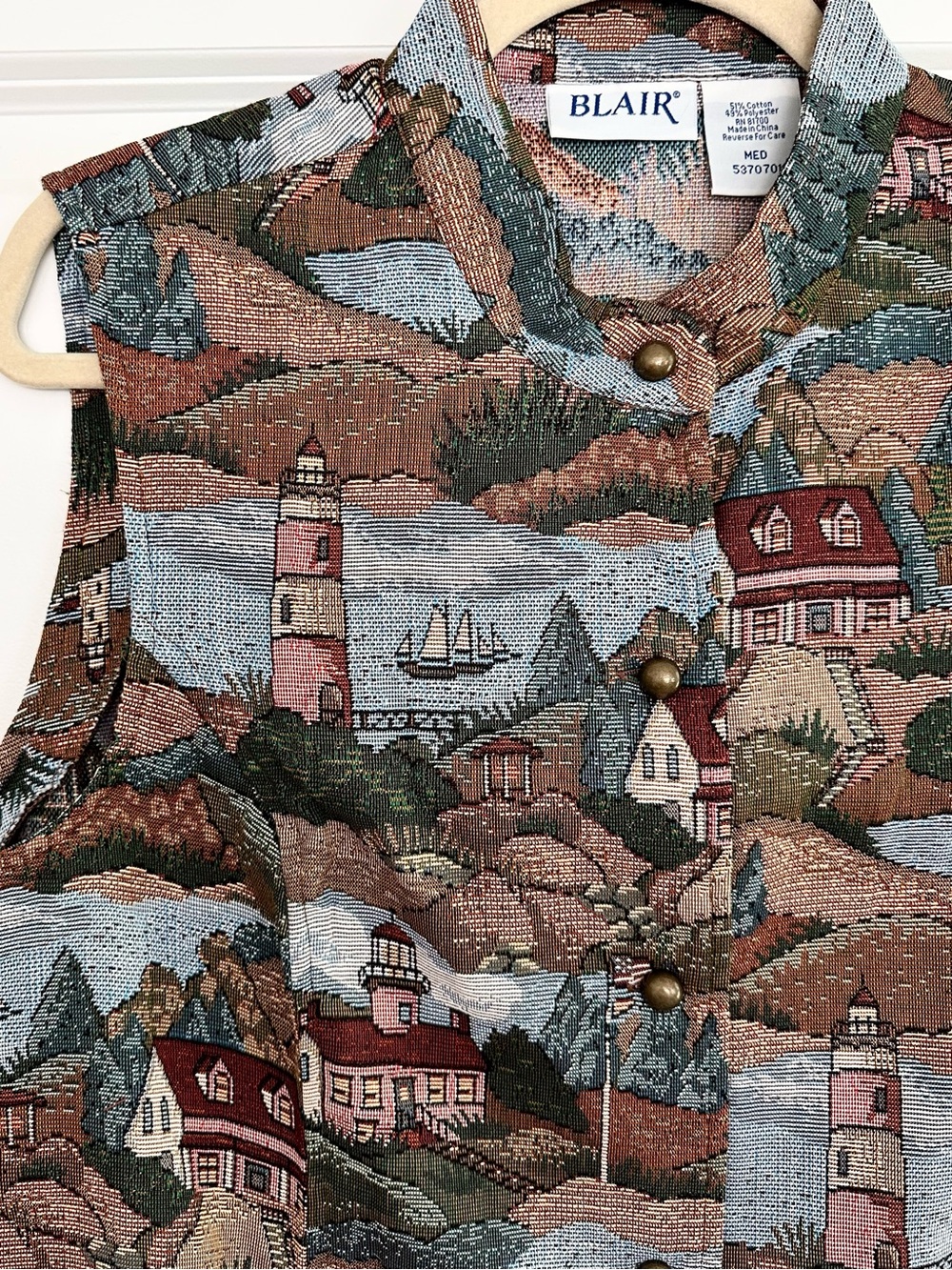 Vintage 90s Lighthouse Sailboat Coastal Scene Tapestry Vest - Maine /Grandmacore